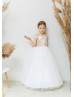 Cap Sleeve Ivory Lace Tulle Buttons Back Flower Girl Dress